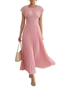 Elegant Women's Beaded A-Line Long Dress, French Style Pleated Design, Solid Color Party Dress, Chic Evening Gown for Special Occasions