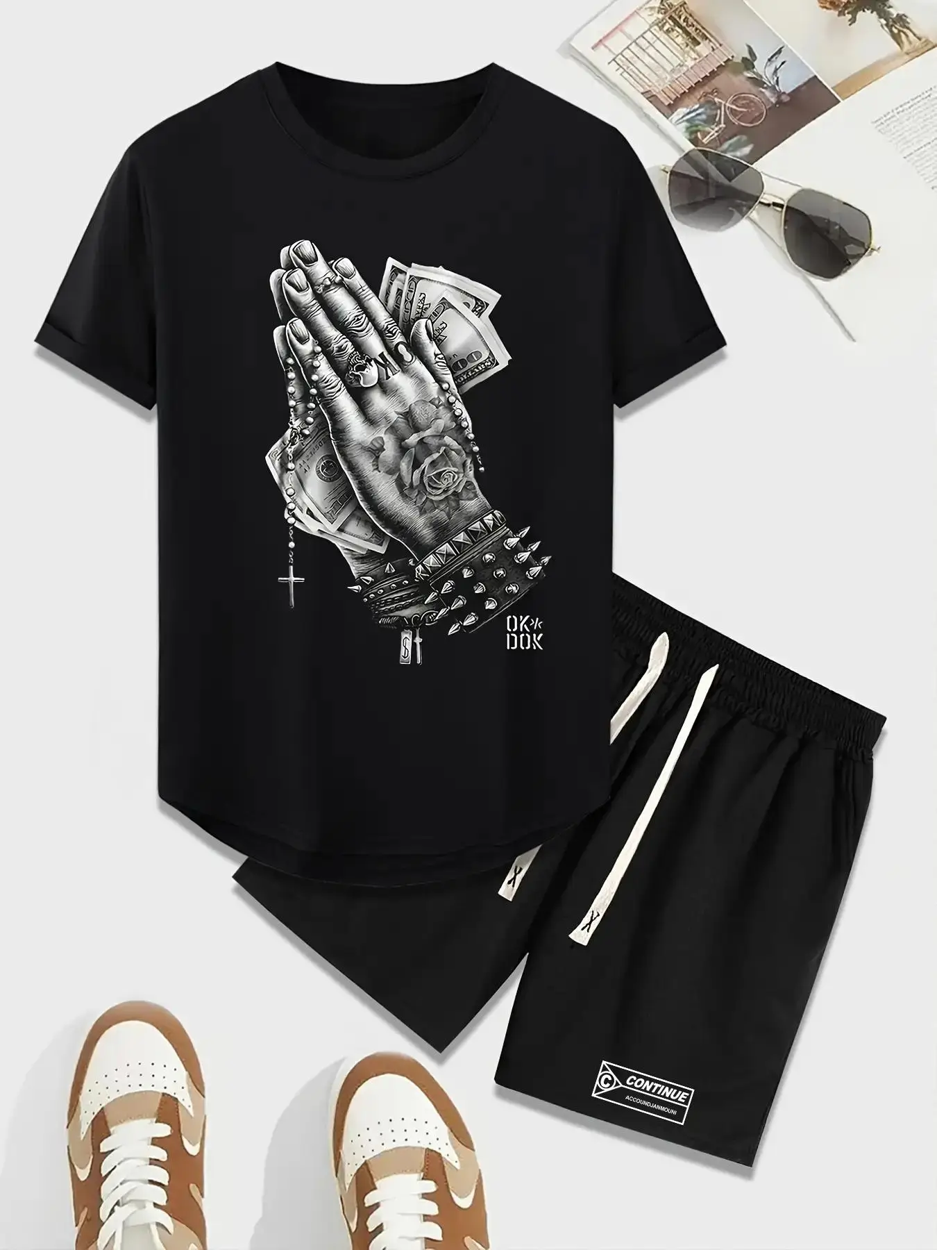 2 Counts Men's Graphic Drawstring Pocket Two-piece Set, Regular Fit Short Sleeve Top & Elastic Waist Shorts, Summer Clothes, Men's Outfits for Daily W