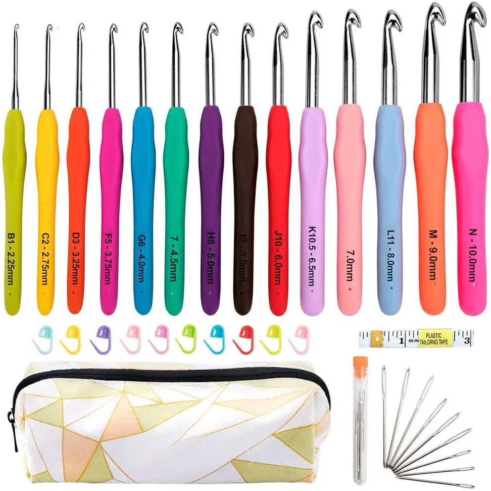 Ergonomic Crochet Hooks Set - 14 PCS 2mm(B)-10mm(N) Soft Grip Handle Knit Kit with Case for Women's Hands, Extra Long Hook Crochet Tools