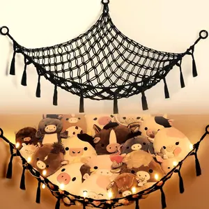 New Upgrade Stuffed Animal Net or Hammock with Light,Yewiwin Macrame Hanging Net Hammock for Stuffed Animal Toy Storage Organizer Boho Decor Room Holder for Nursery Play Room Bedroom For car storage (Black(55"*55"*72"))