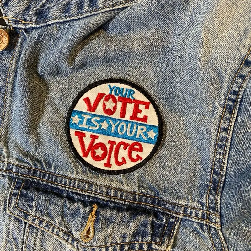 Civic Pride Embroidered Applique Patch - "Your Vote Is Your Voice" Message, 3.03"x3.03" Geometric Logo, Embroidered Texture, 3 Backing Options (Sew-On, Iron On, Hook), Sewing Craft Kit Accessory, Adds Civic Pride to Jackets and Bags