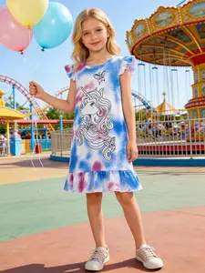 Girls' Summer Blue Tie-Dye Unicorn Gradient Dress, Short Sleeve Ruffle Hem Butterfly Print, Sweet Birthday Party Dress