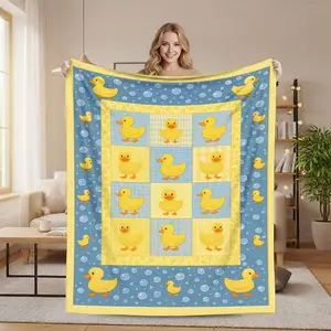 Cute Yellow Rubber Ducks Patchwork Bubbles Print Flannel Blanket - Soft, Cozy, Fuzzy Plush Throw, Ideal Baby Shower Gift for Toddlers, Nursery Bedroom Sofa Home Decor
