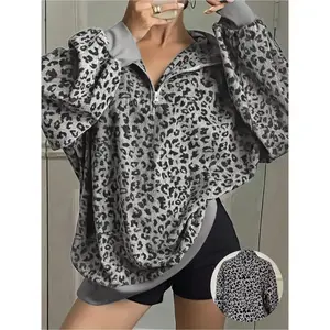 Plus Size Women's Leopard Print Long Sleeve Loose Casual Sweatshirt with a Half-Zip V-Neck and Bishop Sleeves, Perfect for Spring Y2K Grunge or Laid-Back Vibes, Soft Knit Fabric with Contrast Trim
