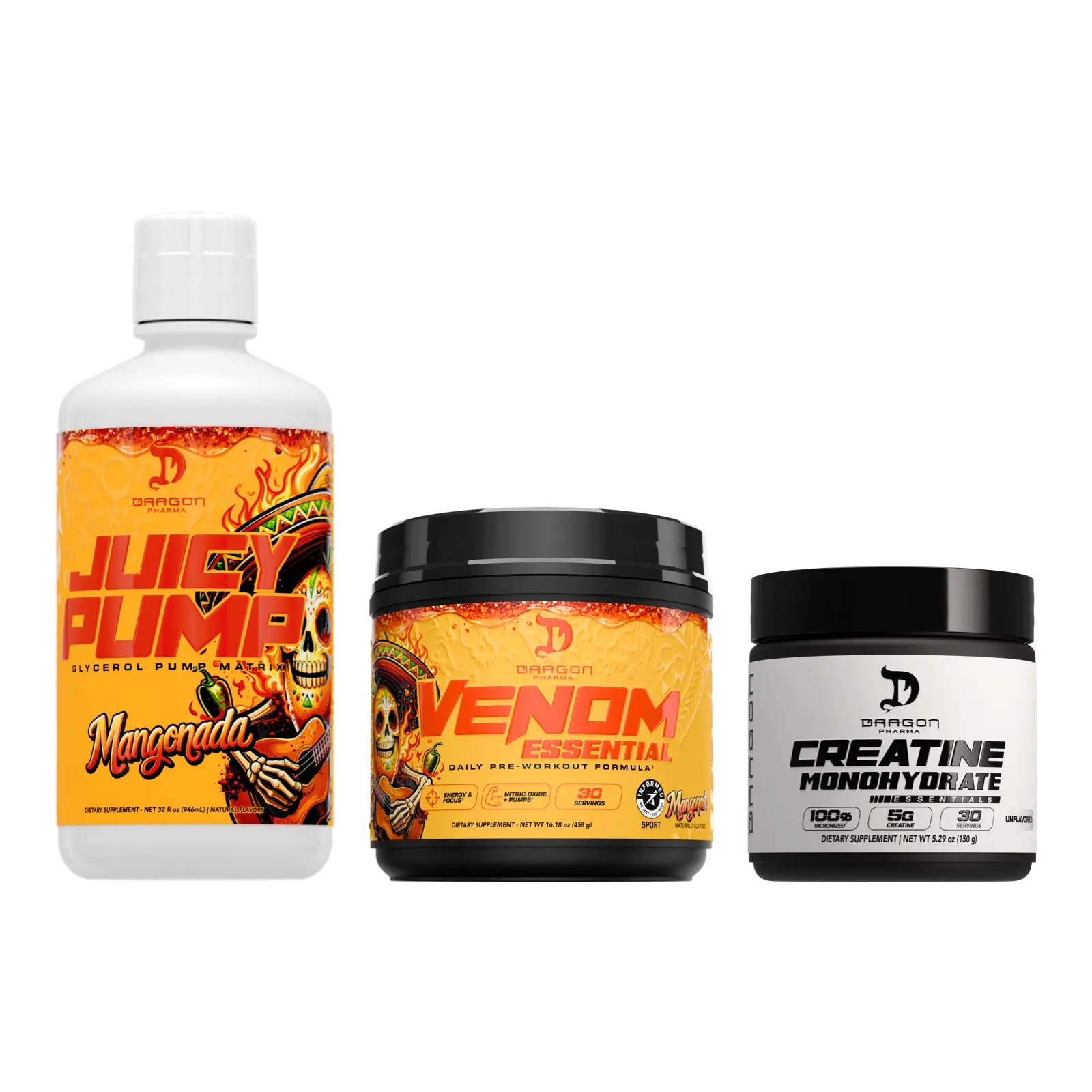 Dragon Pharma Juicy Pump + Venom Essential Pre-Workout Stack (Creatine Monohydrate 30 Servings Included) - Choose Each Flavor