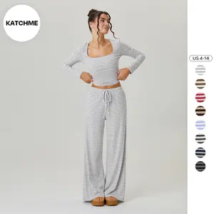 KatchMe Women's Leisure Square Neck Stripe Long Sleeve Crop Top & Low-Rise Wide Leg Trousers Co-ord, Lady Two Piece Outfits, Casual Going Out Set(US)