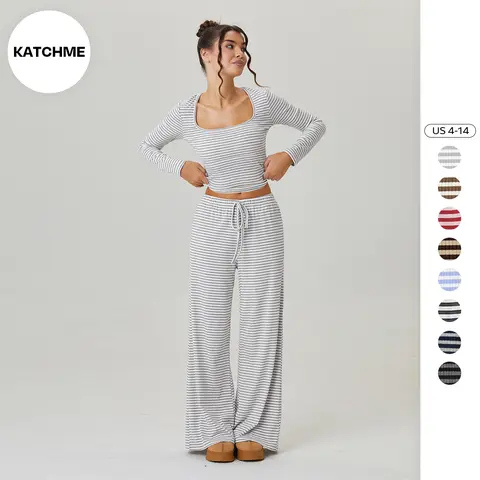 KatchMe Women's Leisure Square Neck Stripe Long Sleeve Crop Top & Low-Rise Wide Leg Trousers Co-ord, Casual Two Piece Outfits, Going Out Matching Set(T)