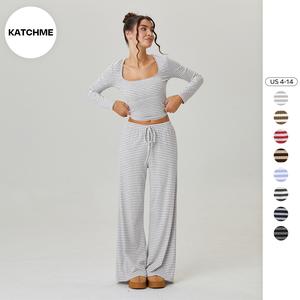KatchMe Women's Leisure Square Neck Stripe Long Sleeve Crop Top & Low-Rise Wide Leg Trousers Co-ord, Casual Two Piece Outfits, Going Out Matching Set(T)