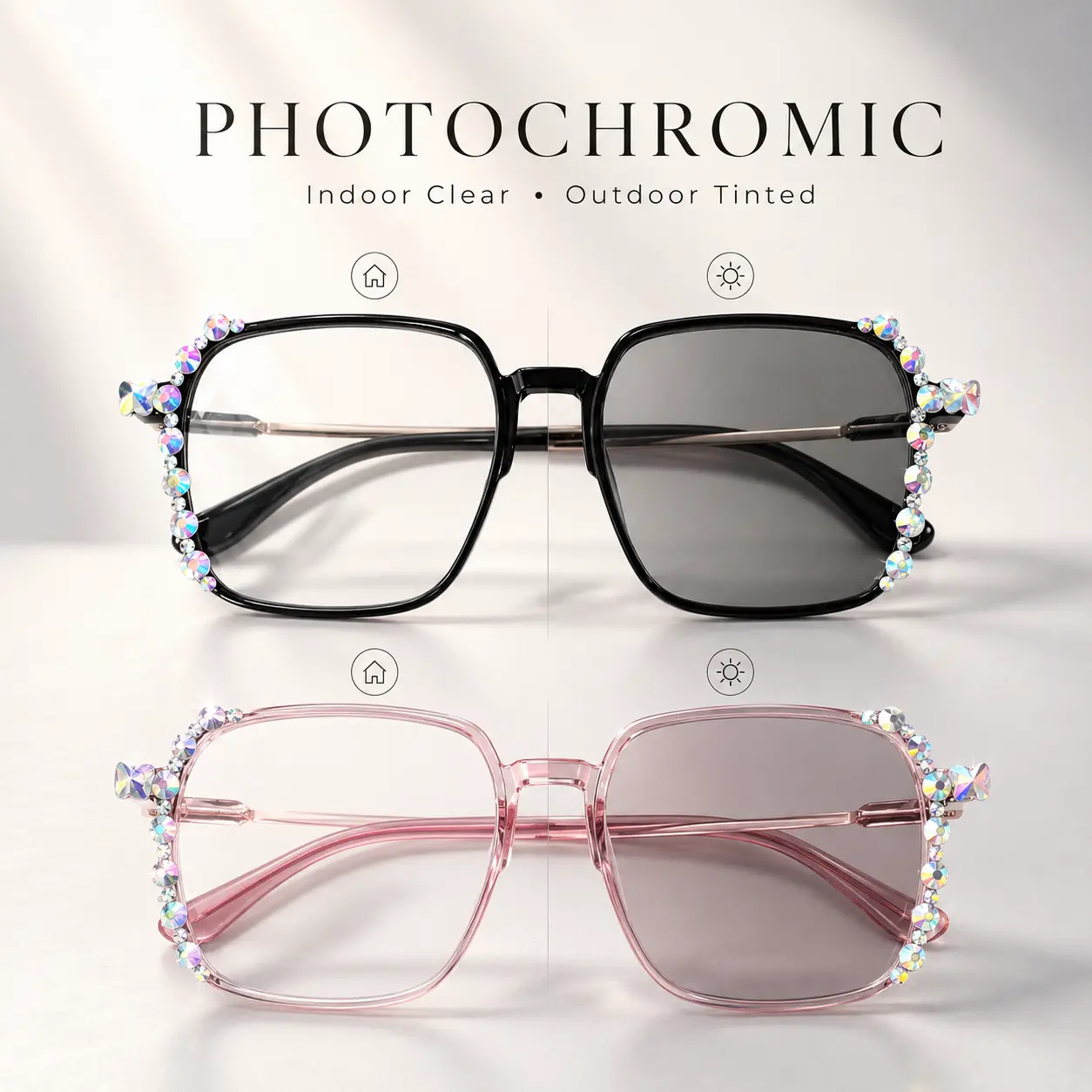 Photochromic Reading Glasses for Women, Light-Adaptive Indoor Outdoor Readers, Stylish Oversized Square Frames, HD Clear Vision Everyday Eyewear