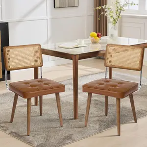 Natural Rattan Dining Chairs Set of 2,Modern Kitchen Chairs with Mesh Back & Wood Leg Base, Mid Century Dining Room Chair,Upholstered PU Fabric Brown