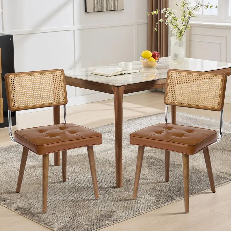 Natural Rattan Dining Chairs Set of 2,Modern Kitchen Chairs with Mesh Back & Wood Leg Base, Mid Century Dining Room Chair,Upholstered PU Fabric Brown