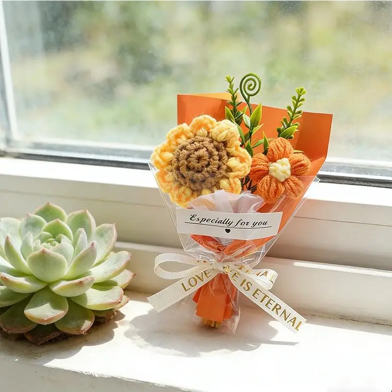 Handmade Knit Fabric Flower Bouquet - Mini Size Sunflower Daisy Compact Arrangement, Mother’s Day Gift for Mom, Home/Festive Decor Crafted Decorative Piece