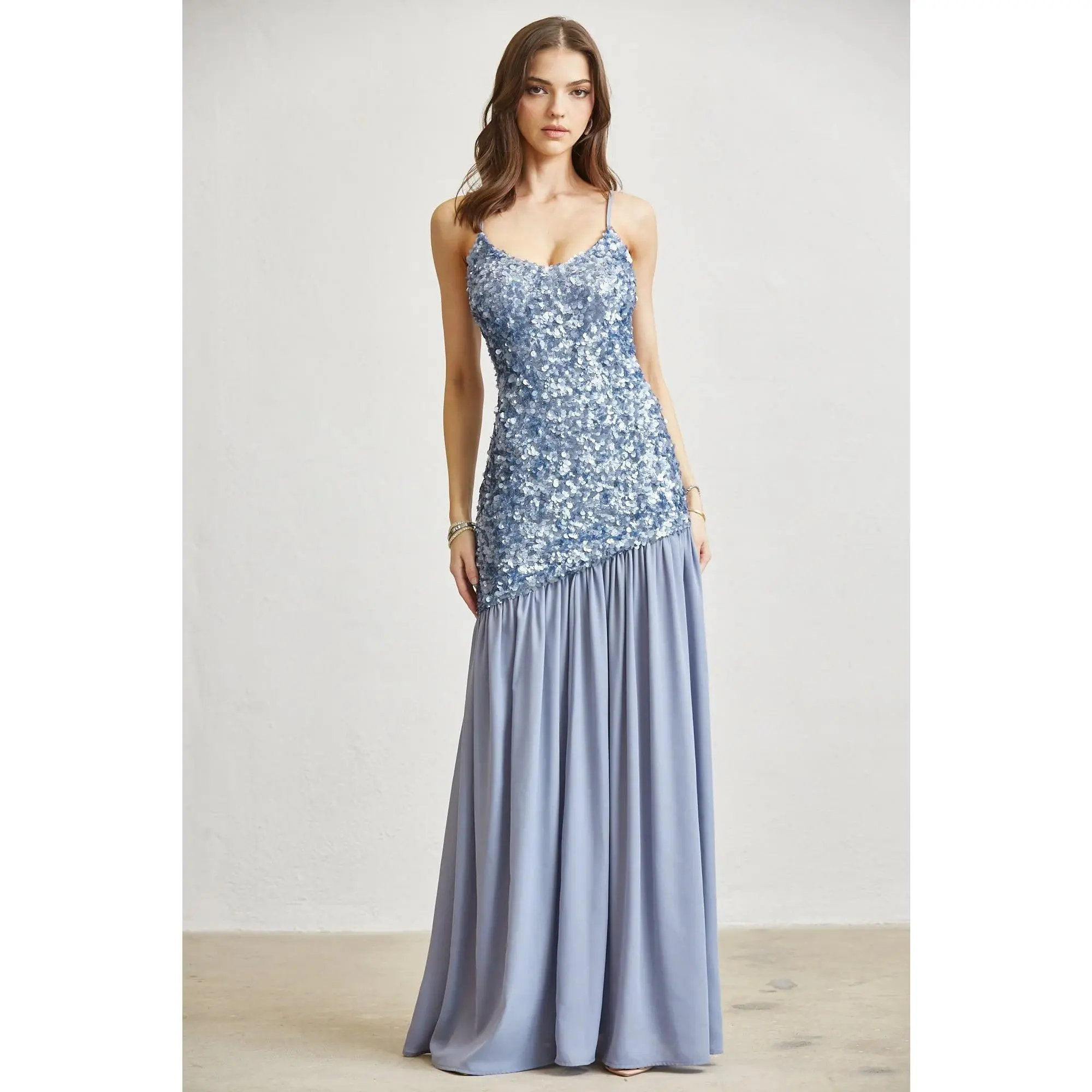 Aleena Asymmetrical Sequin Drop-Waist Maxi Dress with Chiffon Skirt
