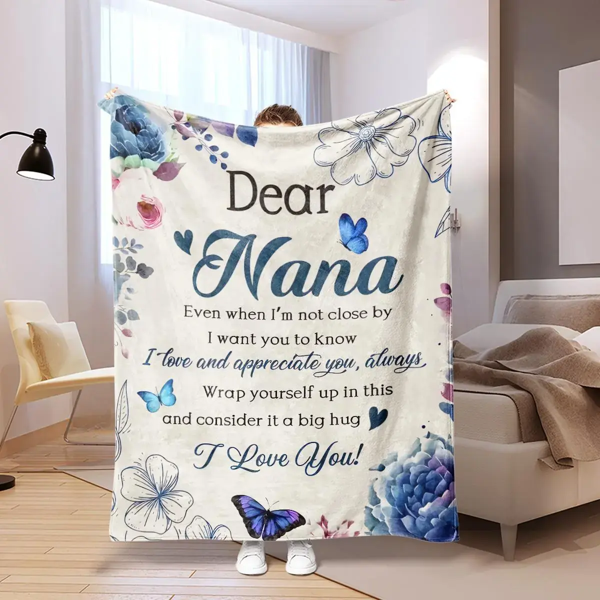 Custom Wearable Polyester Throw Blanket - 280g Customized Blankets, Personalized Butterfly & Letter Pattern, Slogan Print, Soft, Machine Washable, Body-Warming Bedding, Art Graphic Design, Ideal for Cozy Corner & Watch Party, Grandmother Birthday Gift