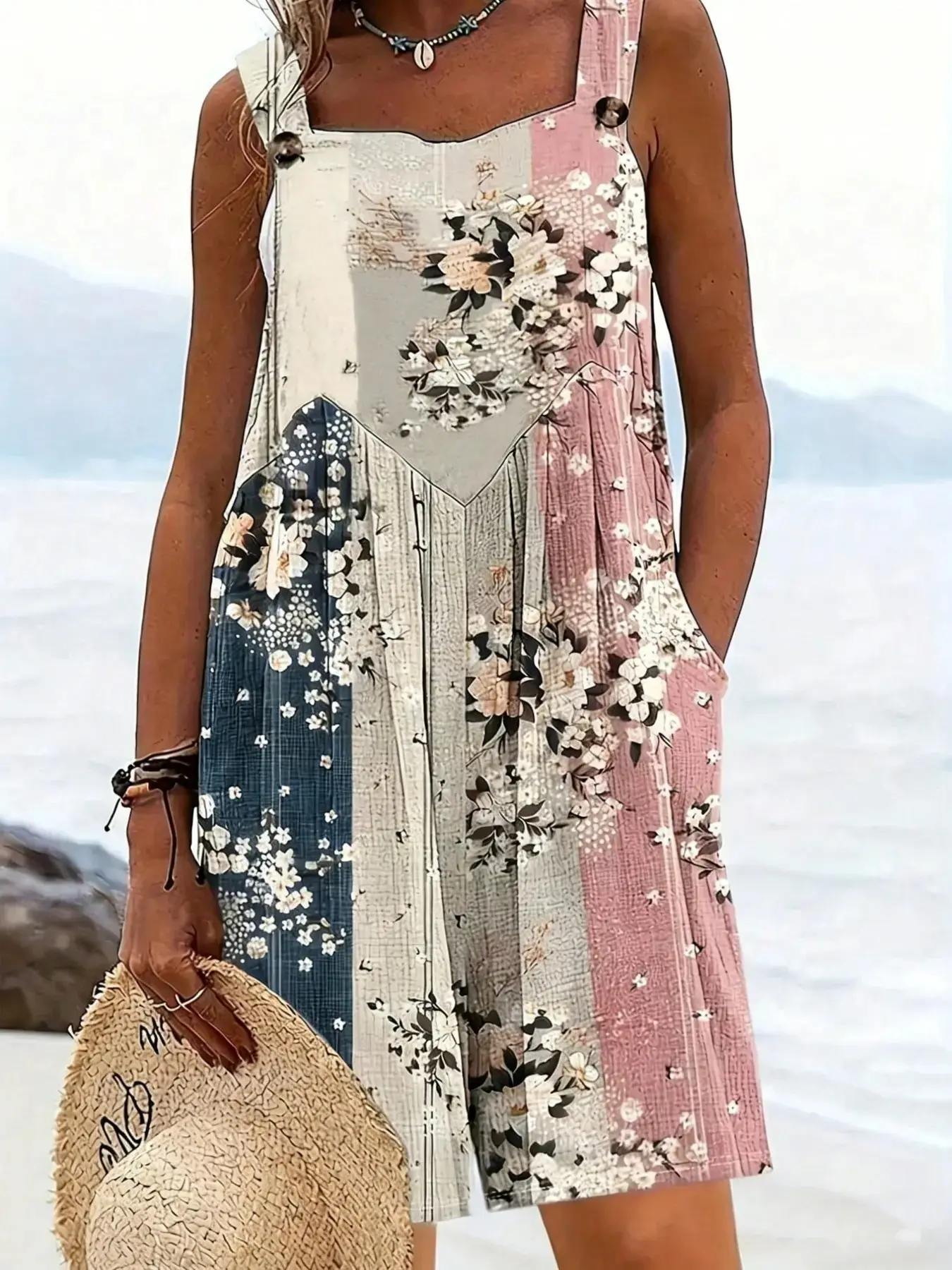 Plus Size Women's Lightweight Breathable Patchwork Floral Sleeveless Loose Fit Casual Bohemian Romper, Y2K Summer Beach Daily Wear