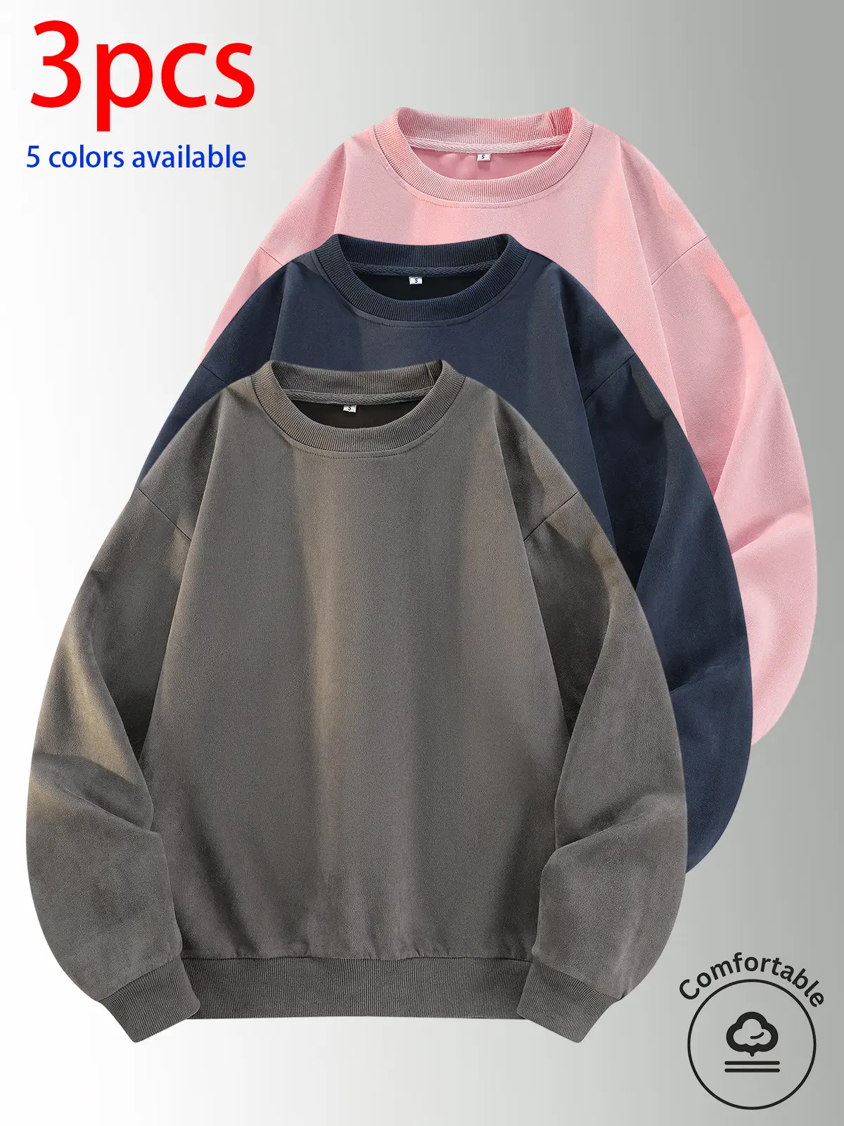 3-pack: men’s crewneck sweatshirt, men’s pullover sweatshirt.Loose, comfortable fit, no print design—simple and versatile for home, everyday casual wear, campus, and commuting to work.