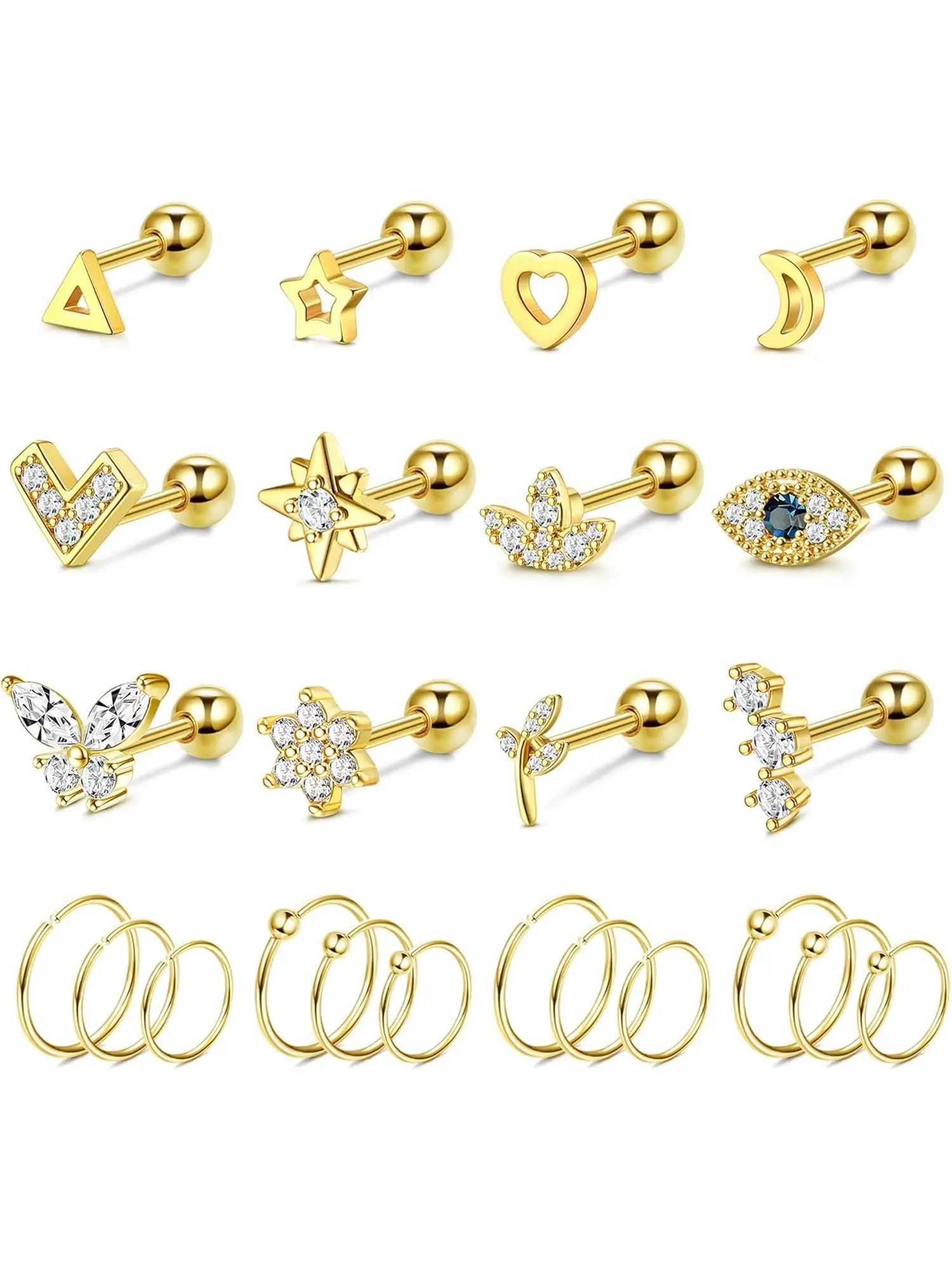 Delicate 24 Pcs Golden 16G Cartilage High Quality Earrings Studs Shining Stainless Steel Helix Tragus Couch Piercing Jewelry for Women Men Sparkling CZ Butterfly Evil Eye Helix Earrings Unique Design Earrings