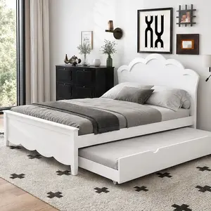 ARCH Full Size Solid Wood-MDF Platform Bed Frame with Headboard & Twin Trundle, Flat-Pack Spacious Fiberboard Design, Toolless Assembly, No Box Spring Needed, Space-Saving Guest Bed for Bedroom, Full/Twin Size Options, White, Flat-Pack Bed Frames, Spaciou