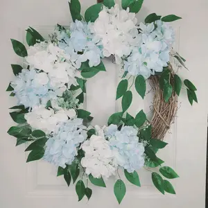 Blue & White Hydrangea Wreath Spring and Summer Floral Door Decor with Natural Vine Accent