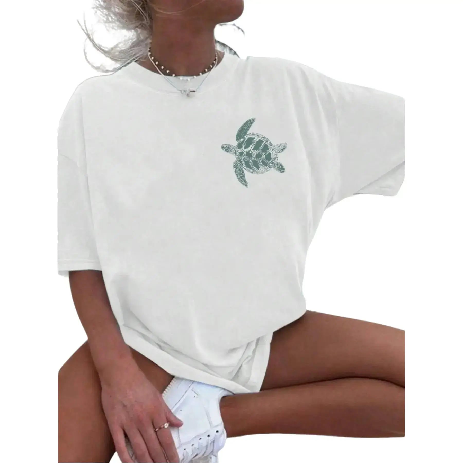 Minimalist Sea Turtle White Oversized T-Shirt, Casual Beachy Cotton Tee, Coastal Nature-Inspired Graphic Top, Everyday Vacation Style Apparel,Women's fashion,summer Women's clothes,vintage shirts