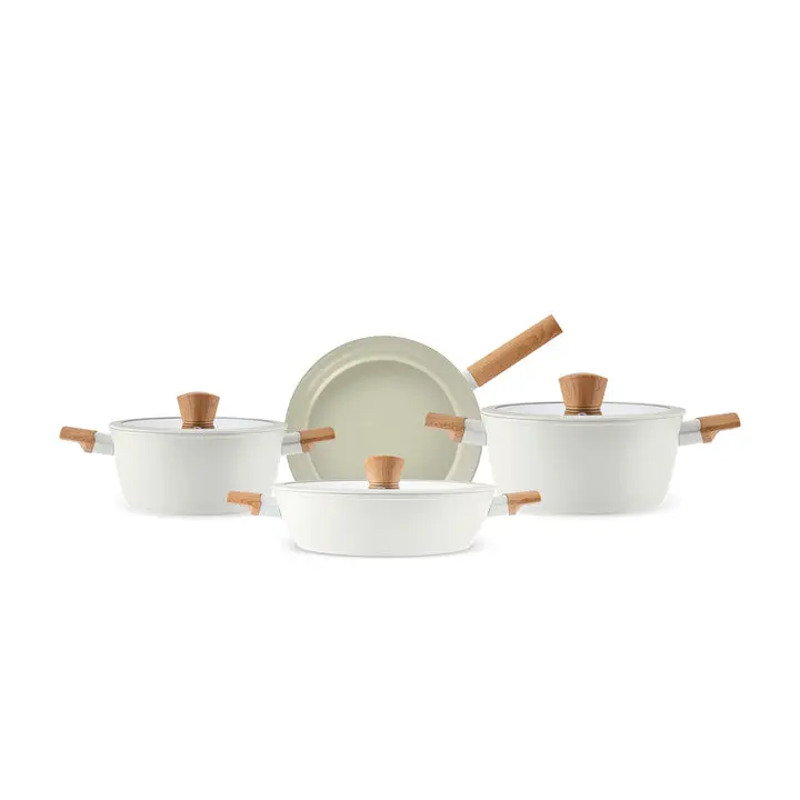 Karaca Swiss Crystal Almond 7-Piece Ceramic Cookware Set, Induction Compatible Pots & Pans, Cream
