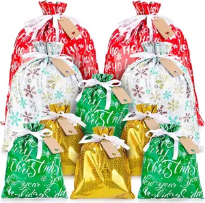 10 PCS Christmas Drawstring Gift Bags with Tags, Assorted Size Xmas Gift Bags Set in Bulk, Large Medium Small Made of Food-Grade Aluminized Polymer, Reusable Eco-Friendly Drawstring Sacks for Holiday Wrapping & Party Favors