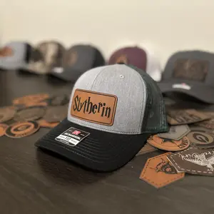Slytherin House Trucker Hat | HP Wizard Inspired Hat | Leatherette Patch | Engraved Leatherette Patches | Richardson 112 Hat