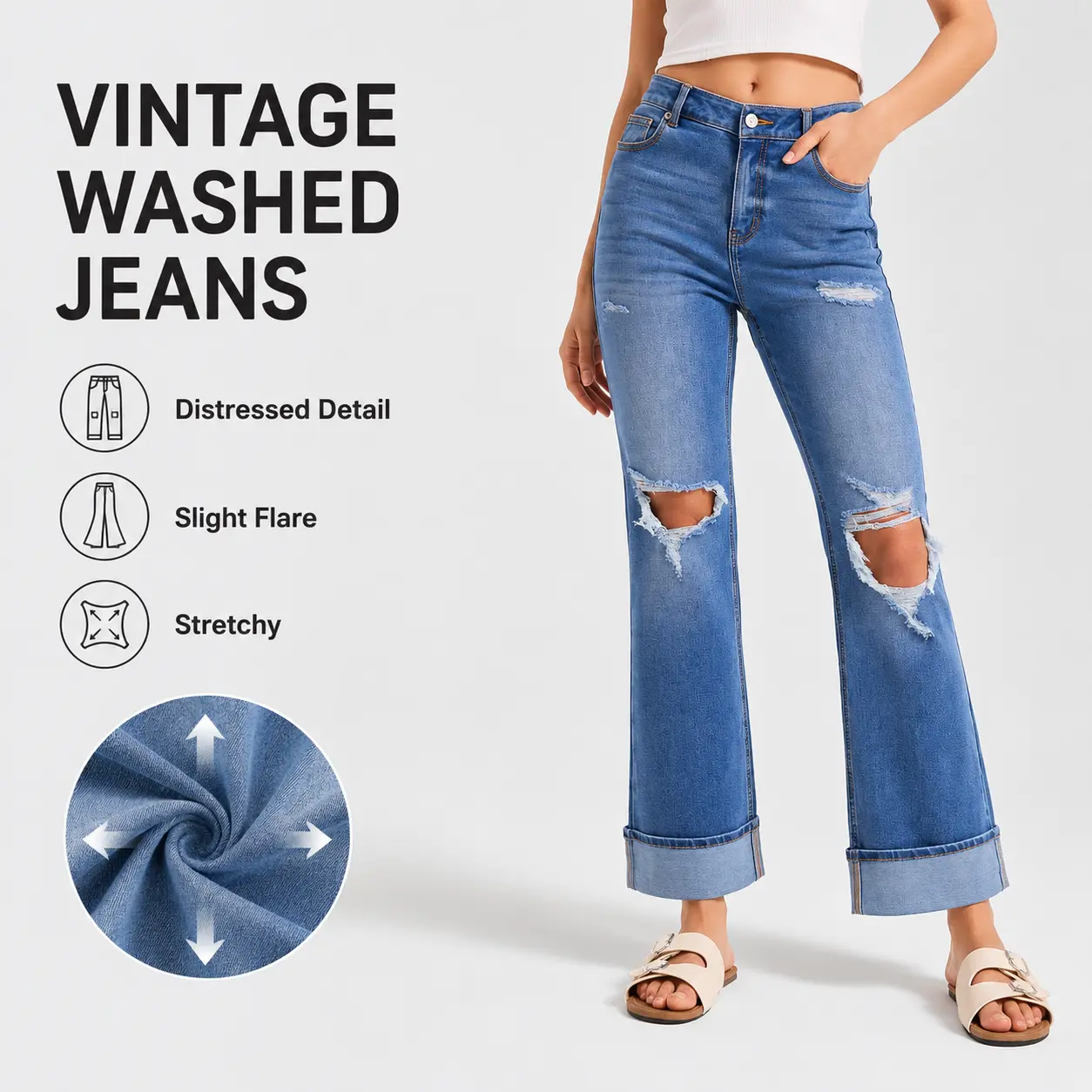 FireSwan 2026 New Vintage-Washed Women's Jeans - Ripped Frayed Design, Slightly Flared Slim Fitted, Vintage Fits Flair Jeans for Spring/Summer/Fall, Women's Clothing Casual Bottoms