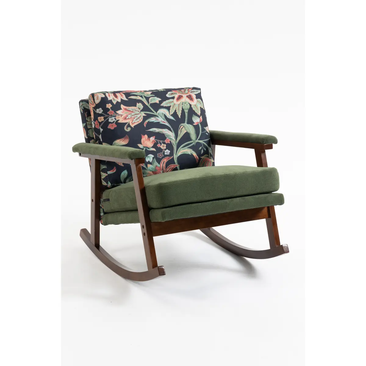 Antique Green Velvet Mid-Century Modern Rocking Accent Chair - Antique-Inspired, Armrest, Comfortable, Cushioned, Decorative Wood-Frame Chair, High Back Furniture with Soft Cushion, 250 lbs Capacity for Living Room, Bedroom, Antique-Inspired Rocking Chair