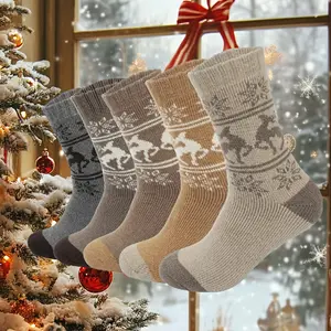 5 Pairs Thick & Warm Wool Christmas Socks - Festive Reindeer & Snowflake Patterns, Cozy Winter Holiday Socks for Men & Women, Machine Washable, Perfect for Christmas Outfits, Christmas Socks
