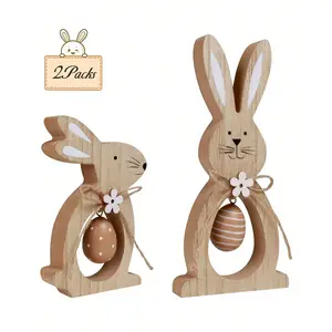 Easter Home Decor Set, Wooden Bunny with Colorful Eggs, Multi-Layer Tray, Spring Indoor Family Party Table Decoration, Kids Gift, Figurines, Rabbit, Ornaments