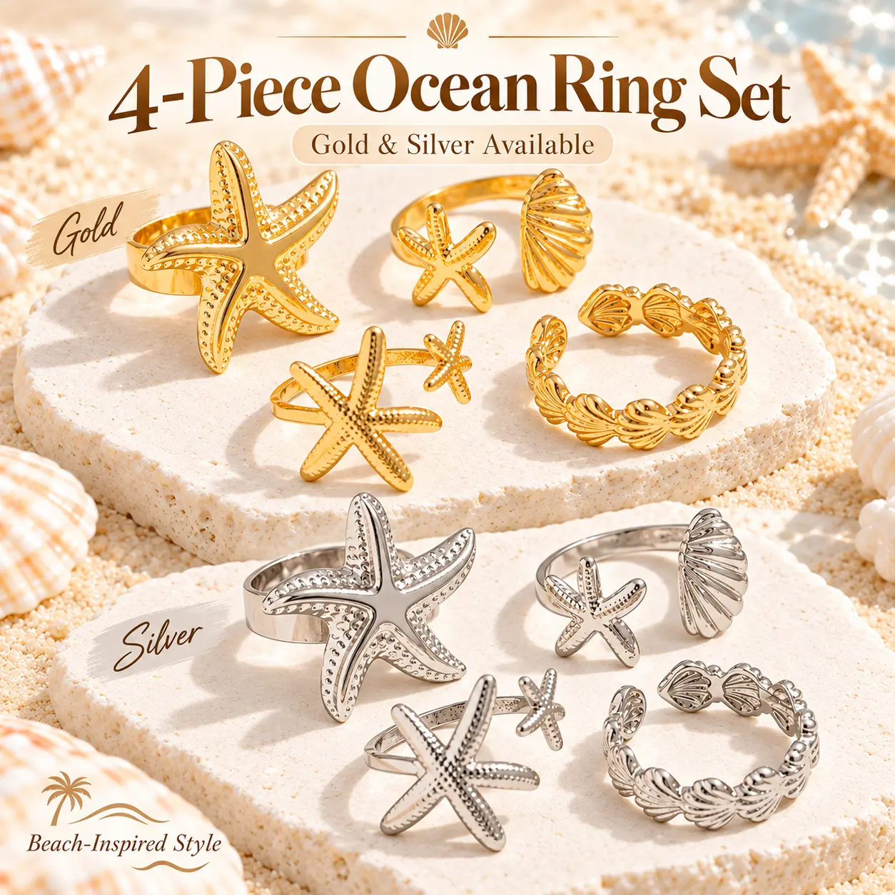 4Pcs Starfish & Seashell Ring Set for Women, Gold & Silver Color Options, Ocean Inspired Coastal Jewelry, Beach Vacation Rings, Trendy Summer Stackable Rings