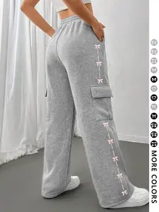 Women's Casual Loose Wide Leg Drawstring Pants, Butterfly Knot Geometric Print Straight Leg, Y2K Style, Valentine's Day Gift, Fall & Winter