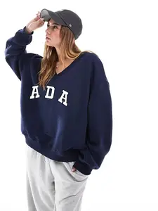 New Elegant Women's V Neck Sweatshirt, Comfortable Warm Fabric with Ada Letter Print, Casual Loose Fit for Fall & Winter