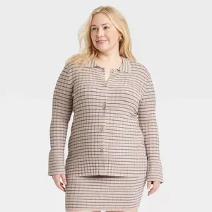Women's Button-Down Cardigan - A New Day Navy Blue Striped 1X: Viscose Blend, Polo Collar, Ribbed Cuffs