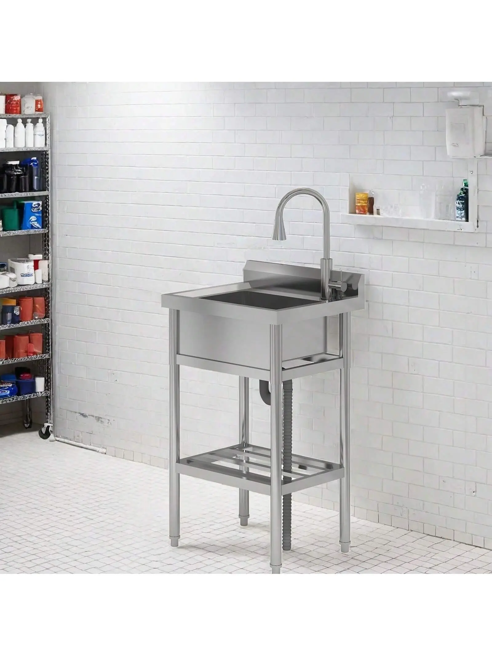Gaomon Freestanding Stainless Steel Utility Sink - Single Bowl, Hot & Cold Water Pipes, Pull-Out 304 Steel Faucet, Pot-Washing Basin for Indoor or Outdoor Kitchen, Tile-Cleaning Tasks