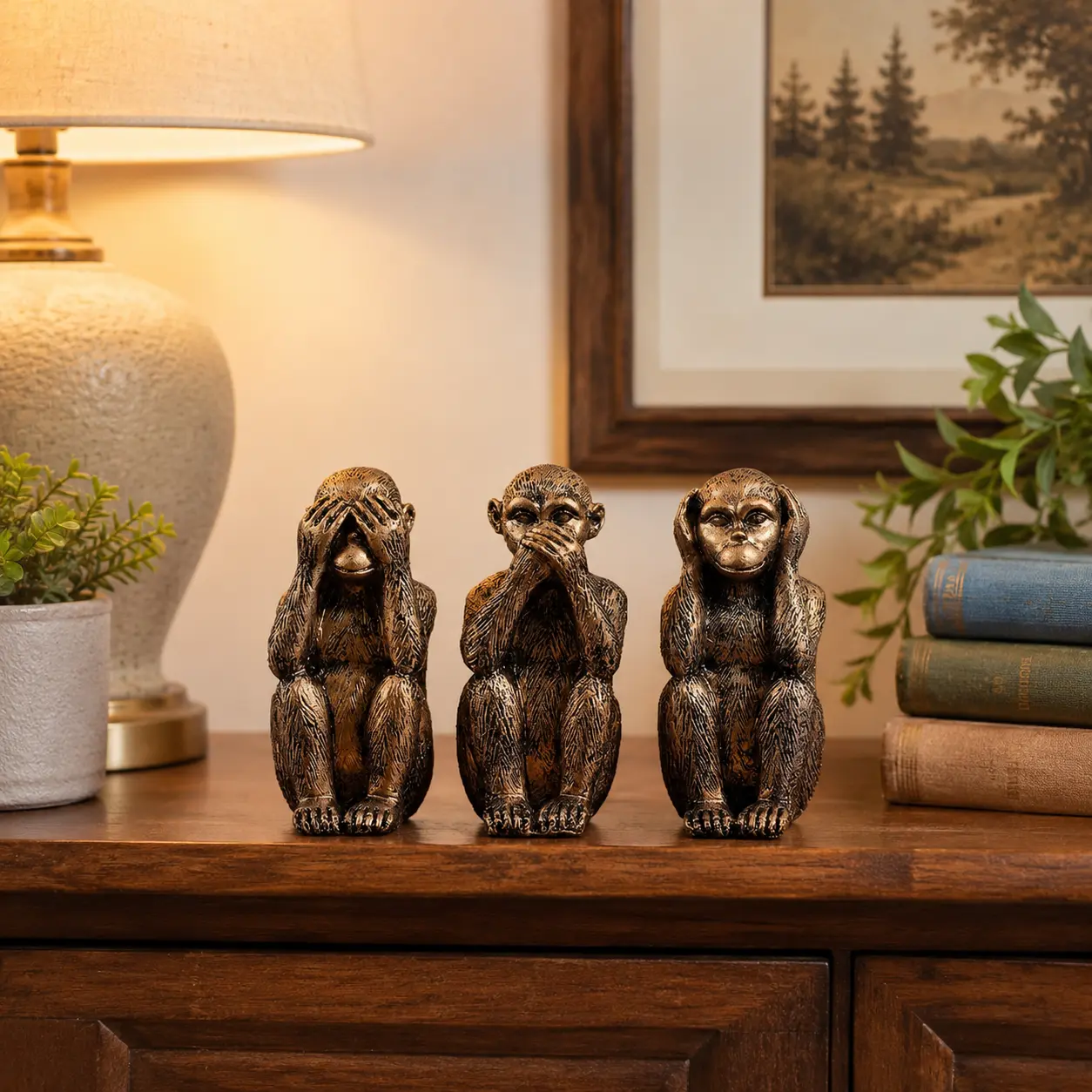 3 pcs Wise Monkeys Resin Figurines, Vintage Bronze Tone Home Decor for Living Room Shelf, Bookcase, Entryway and Office Desk, Small Housewarming Gift for Men, Coworkers and Monkey Lovers