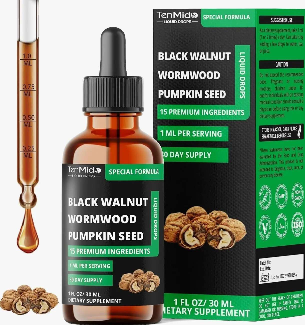 15in1 Black Walnut Liquid Drops with Wormwood, Pumpkin Seed, Oregano, Garlic, Soursop, Berberine, Shilajit,Ceylon Cinnamon, Turmeric & More - 30 Days Supply - 1FL Oz