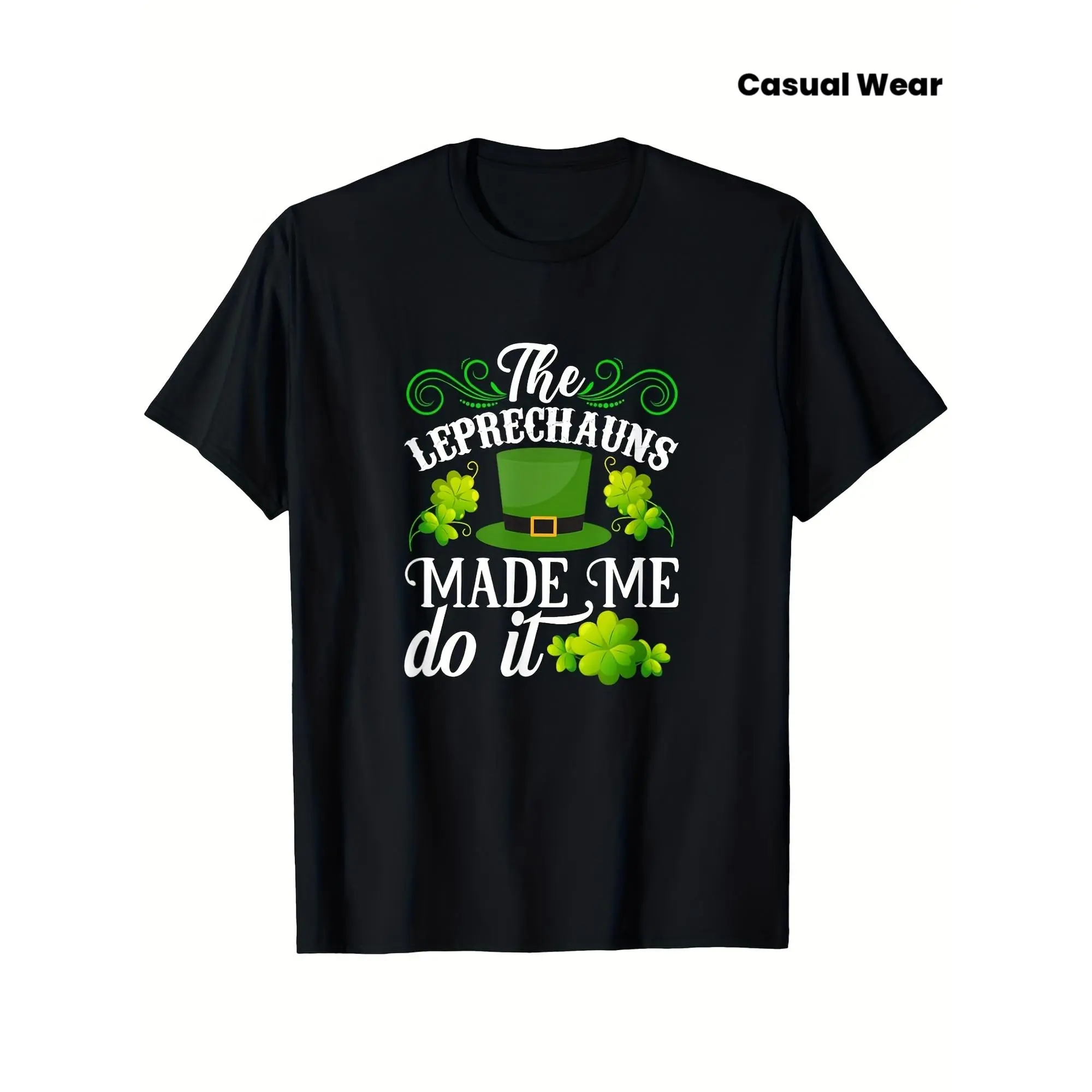 Women's St. Patrick's Day Crew Neck T-Shirt - 100% Cotton Knit Fabric with Slight Stretch, Vintage "Leprechauns Made Me Do It" Digital Print, Fashion Foldable Casual Regular Fit Short-Sleeve Adult Basics Top for Menswear