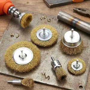 6-Pack Industrial Brass Wire Brush Drill Bits Set, 1/4" Hex shank carbon steel for rust removal, metal and wood surface cleaning, wear-Resistant Rotary Polishing Tools