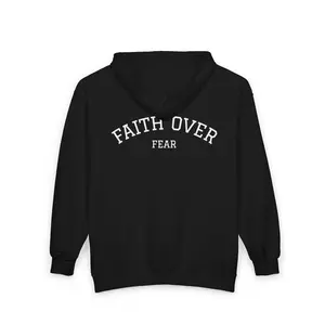 Men's Classic Casual Cotton Long-Sleeve Full-Zip Faith Over Fear Hoodie - Menswear Sweatshirt with Embroidery, Pockets, Knit Fabric, Print, Christian Faith Apparel