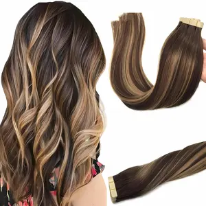 Tape in Hair Extensions 16", Balayage Brown to Blonde, 50G Human Hair, Thick Ends & Invisible