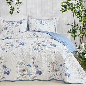 Blue Floral Set King Size, 3 Pieces Botanical Plants Pattern Bedspread Coverlet Set with 2 Pillowcases, Soft Lightweight Microfiber Bedding Set for All Season(104"*90")