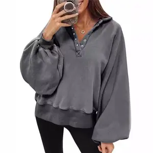 Women's Sweatshirt Autumn Clothing Lantern Sleeve Drop Shoulder Pullover Hoodie Button Fashion Clothing Womenswear Tops