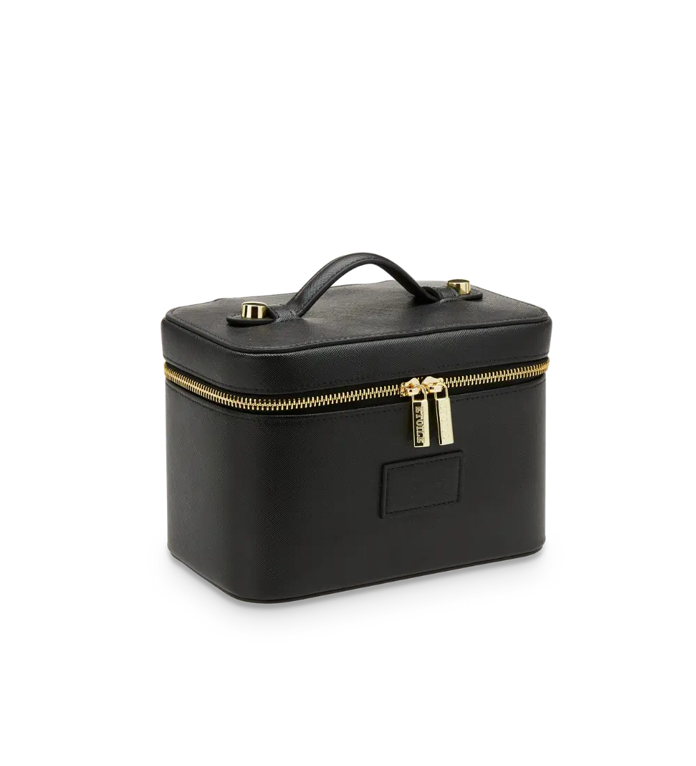 Etoile Mini Vanity Case - Black Vegan Leather Makeup Bag with Removable Divider & Double Zipper Closure - Eco-Friendly Cosmetic Organizer