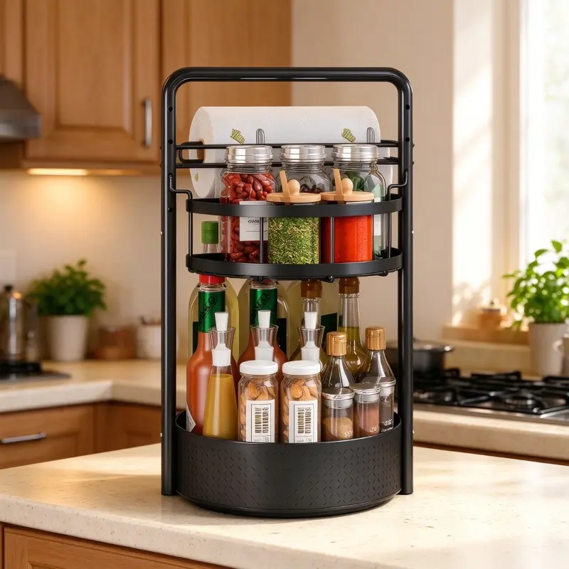 2-Tier 360° Rotating Spice Rack , Kitchen Counter Seasoning Bottle Organizer, Multi-Function Countertop Storage Holder for Spices, Oil, Condiments