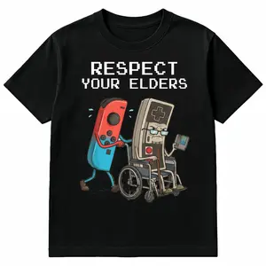 HAGBDH Funny Retro Gamer T-Shirt "Respect Your Elders" Graphic Tee Vintage Video Game Controller Shirt Men's Casual Cotton Top