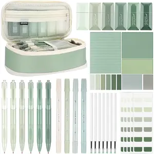 38 count Aesthetic College School Supplies with Pen Case Sticky Notes Gel Pens Highlighters Correction Tapes  to School Stationery Kit(Green Color,Classic)