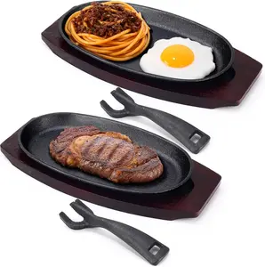 2 Pieces Cast Iron Fajita Skillet Pan Set, Sizzling Steak Plate with Wooden Base & Handle, Ideal for Home Restaurant Barbecue Holiday Party