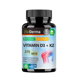 BioDerma Vitamin D3 + K2 375 mcg 120 Softgels Infused with Sunflower Seed Oil Vegan Non-GMO Gluten-Free Capsules Extra Strength Premium Quality